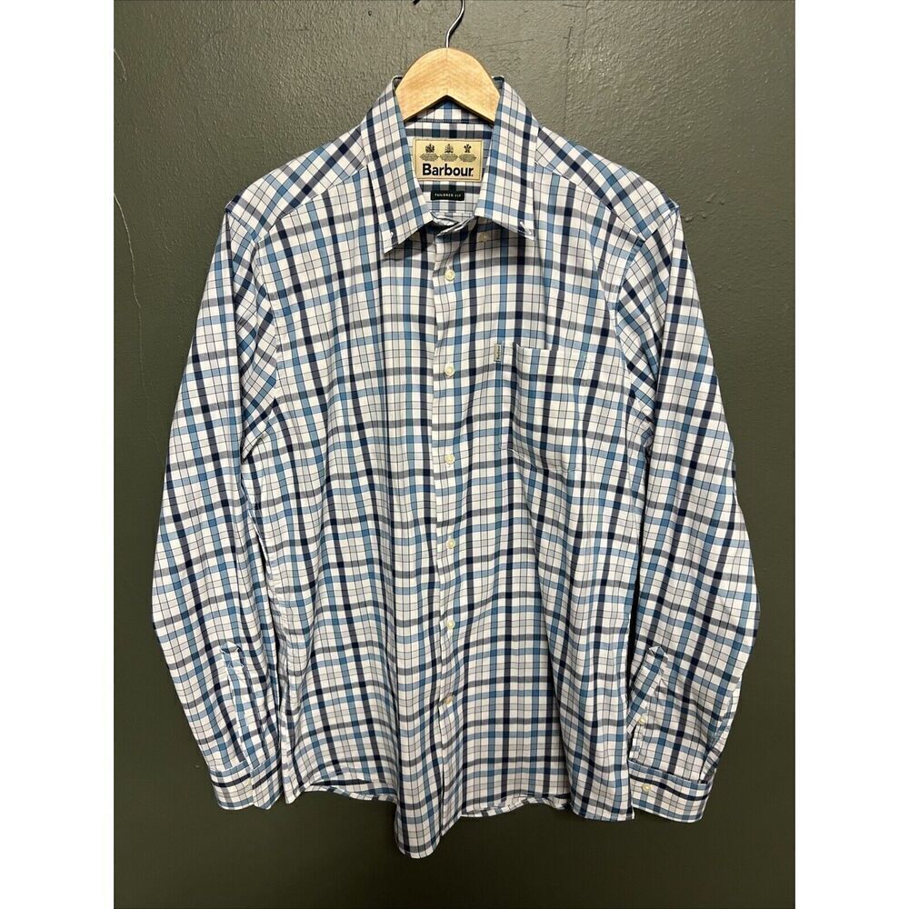 Barbour Tailored Fit Shirt Mens Medium Blue Plaid Long Sleeve Button Up